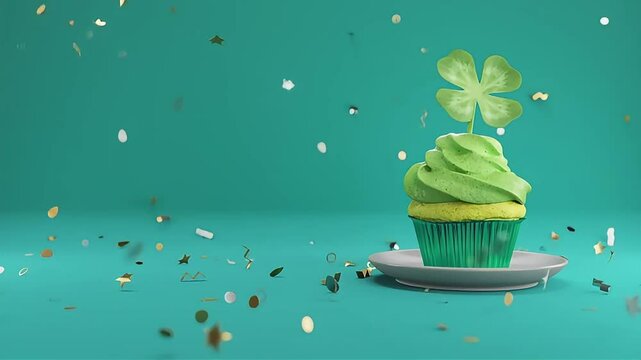 St. Patrick's Celebration: Festive Cupcake with Clover Topper and Confetti