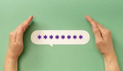 Hands protecting a hidden password speech bubble symbolizing online security and privacy in digital communication