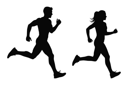 Silhouette of man and woman running side by side, symbolizing fitness, healthy lifestyle, exercise, marathon training, and active sports activity design