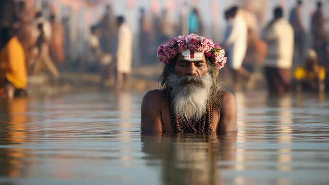 During the Kumbh Mela religious event, Indian Hindu sadhus bathe in a sacred river.
