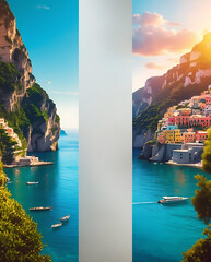 A Poster layout with an empty center space for text, bordered by stunning views of the Amalfi Coast on both sides. The middle area is softly blurred or lightly textured for clear text placement