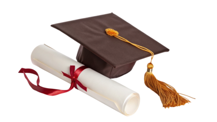 A graduation cap and diploma tied with a red ribbon on a black background representing education success