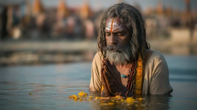 During the Kumbh Mela religious event, Indian Hindu sadhus bathe in a sacred river.
