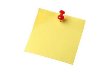 A yellow sticky note attached with a red push pin on a black background in a studio shot isolated view