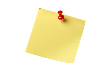 A yellow sticky note attached with a red push pin against a plain black background in a studio shot