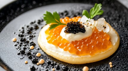 Beluga caviar delicately spread on blini, garnished with crème fraîche