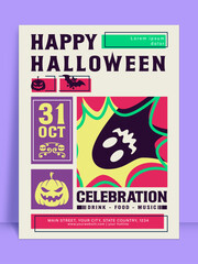 Halloween Party Invitation Flyer with Pumpkins, Ghosts, and Bats