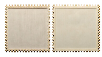 Two blank postage stamps with scalloped edges are displayed side by side against a black background