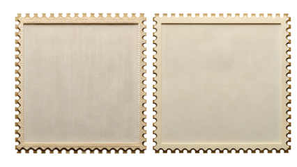 Two blank postage stamps with scalloped edges are displayed side by side against a black background