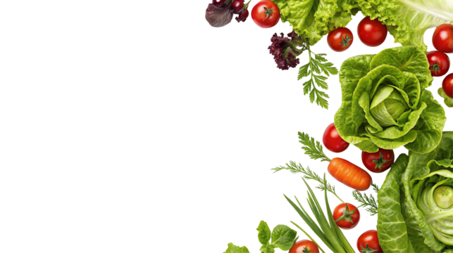 Fresh vegetables and greens arranged on a black background with empty space for text or product