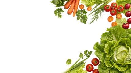 Fresh vegetables including lettuce carrots and tomatoes framing a dark background for text area use
