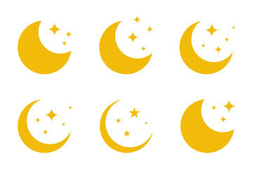 Moon, star, crescent, icon set. Islamic sign Muslim symbol isolated vector illustration in yellow color decoration elements collection.