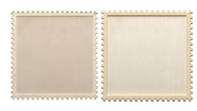 Two blank square frames with scalloped edges side by side against a black background in a studio shot