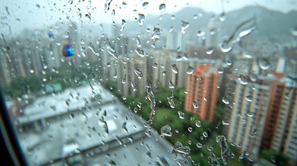 Rainy Cityscape Viewed Through a Rain Streaked Window