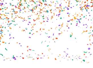 Abstract confetti illustration with a black background and vibrant color palette scattered throughout it