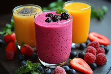 glasses of fruit and berries on black slate.