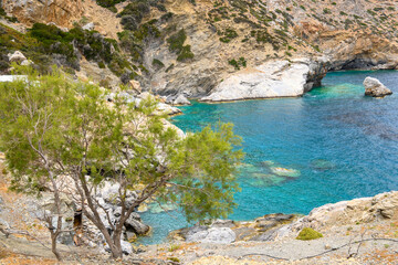 Emerald rocky Agia Anna beach on Amorgos island, Cyclades, Greece