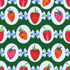 Vintage Strawberry Seamless Pattern with Ribbons and Oval Frames, Cute Fruit Background