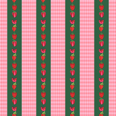 Strawberry Gingham Seamless Pattern, Cute Fruit Vertical Stripe Background
