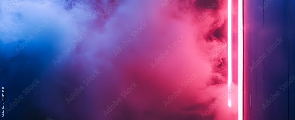 Poster background of an empty room with smoke and neon light. dark abstract background