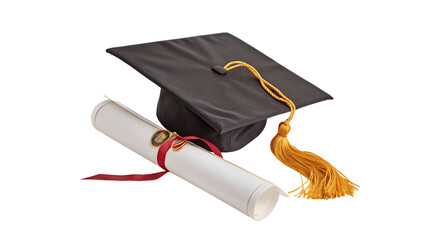 A graduation cap and diploma with a red ribbon on a black background symbolizing achievement
