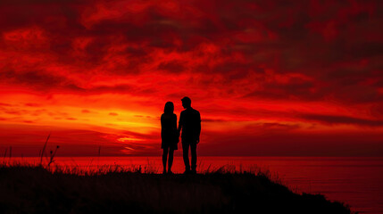 Family Silhouette Sunset Photography Red Sky Background
