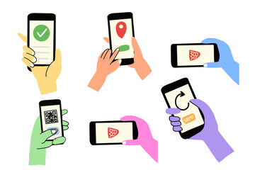 variant illustration hand holding smartphone, scan barcode qris, watching video, 