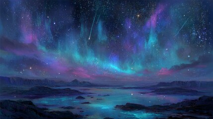 Naklejka premium Vibrant Aurora Borealis over a Tranquil Lake at Night