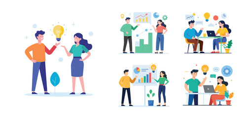 Illustration of two people sharing ideas. Teamwork and idea sharing concept. Flat style design