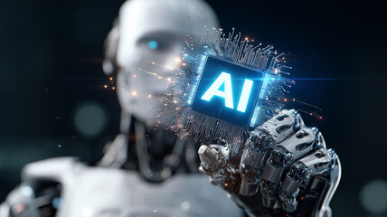 AIチップを掲げる近未来ロボット