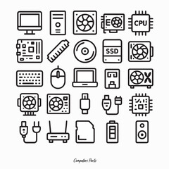 A collection of computer and hardware line icons. Includes monitors, CPU, keyboards, mice, cables, and components. Clean, minimal, black-and-white design perfect for digital and tech projects
