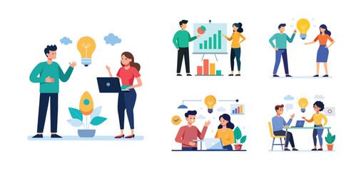 Illustration of two people sharing ideas. Teamwork and idea sharing concept. Flat style design
