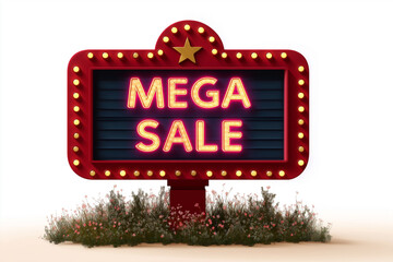 "Red retro theater marquee with white background and glowing lights displaying 'MEGA SALE' in bold vector graphic style."