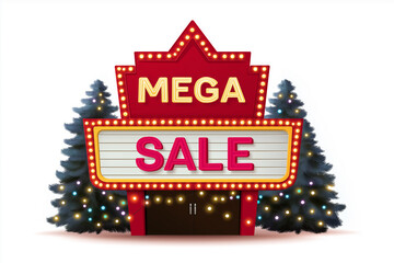 "Red retro theater marquee with white background and glowing lights displaying 'MEGA SALE' in bold vector graphic style."