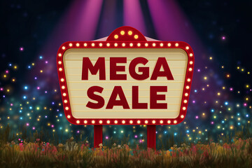 "Red retro theater marquee with white background and glowing lights displaying 'MEGA SALE' in bold vector graphic style."
