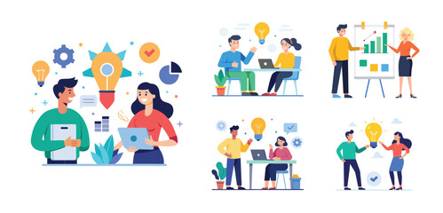 Fototapeta premium Illustration of two people sharing ideas. Teamwork and idea sharing concept. Flat style design