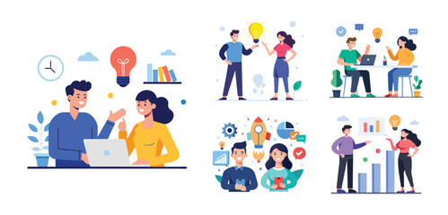 Illustration of two people sharing ideas. Teamwork and idea sharing concept. Flat style design