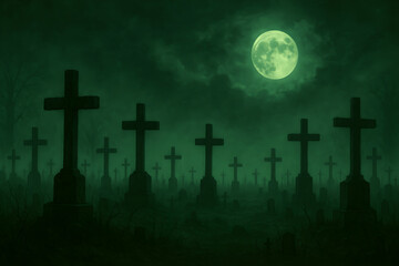 Eerie Graveyard under a Mysterious Green Moon A Spooky Night Scene