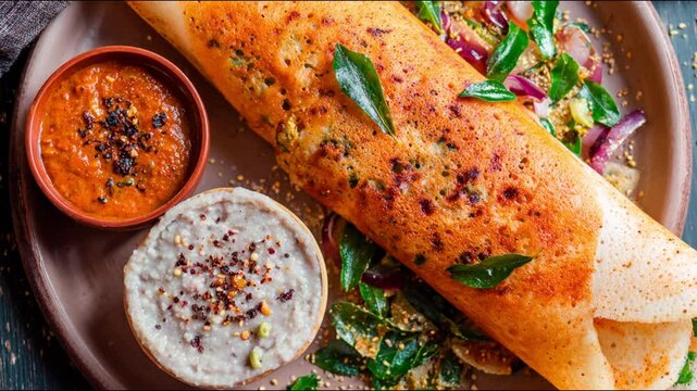 A Delicious Indian Dosa Served with Various Accompaniments.