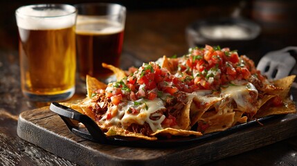 Flat lay of beer with loaded nachos, melted cheese, and fresh salsa