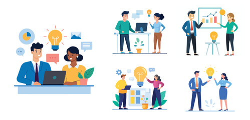 Illustration of two people sharing ideas. Teamwork and idea sharing concept. Flat style design