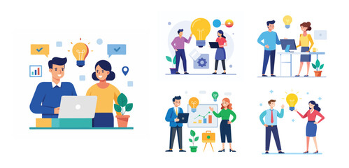 Illustration of two people sharing ideas. Teamwork and idea sharing concept. Flat style design