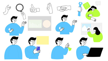 Set of illusration man work at office with element variant. hand gesture, office, computer, presentation