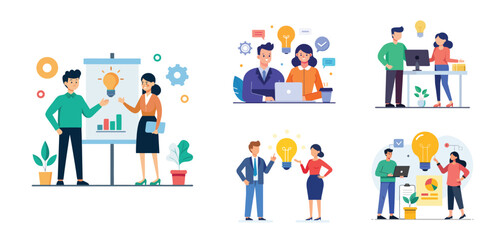 Fototapeta premium Illustration of two people sharing ideas. Teamwork and idea sharing concept. Flat style design
