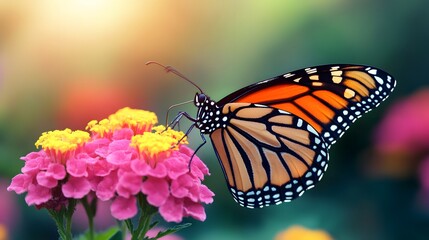 Fototapeta premium Monarch Butterfly on Lantana Flower in Sunlight
