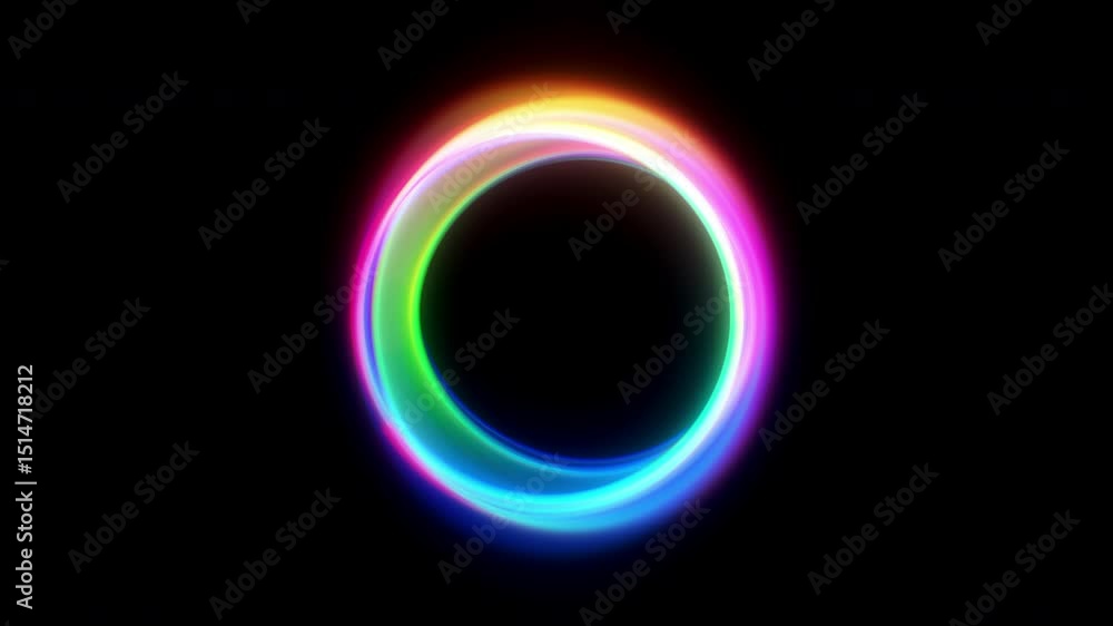 Poster neon light rings in motion on black background. abstract glowing circle animation for futuristic and
