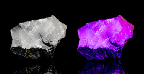 Manganocalcite (Manganoan calcite) a manganese calcium carbonate mineral under visible and UV light (selective focus)