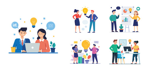 Illustration of two people sharing ideas. Teamwork and idea sharing concept. Flat style design