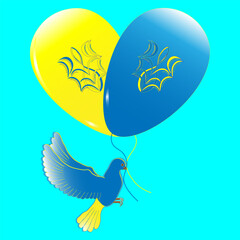 National symbols of Ukraine. Yellow and blue balloons & coat of arms of Ukraine and dove of peace. Vector illustration