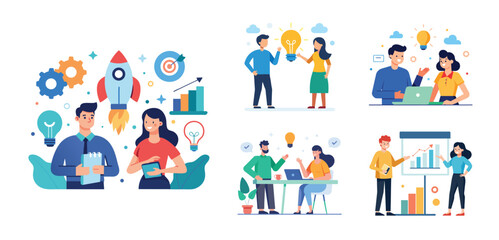 Illustration of two people sharing ideas. Teamwork and idea sharing concept. Flat style design